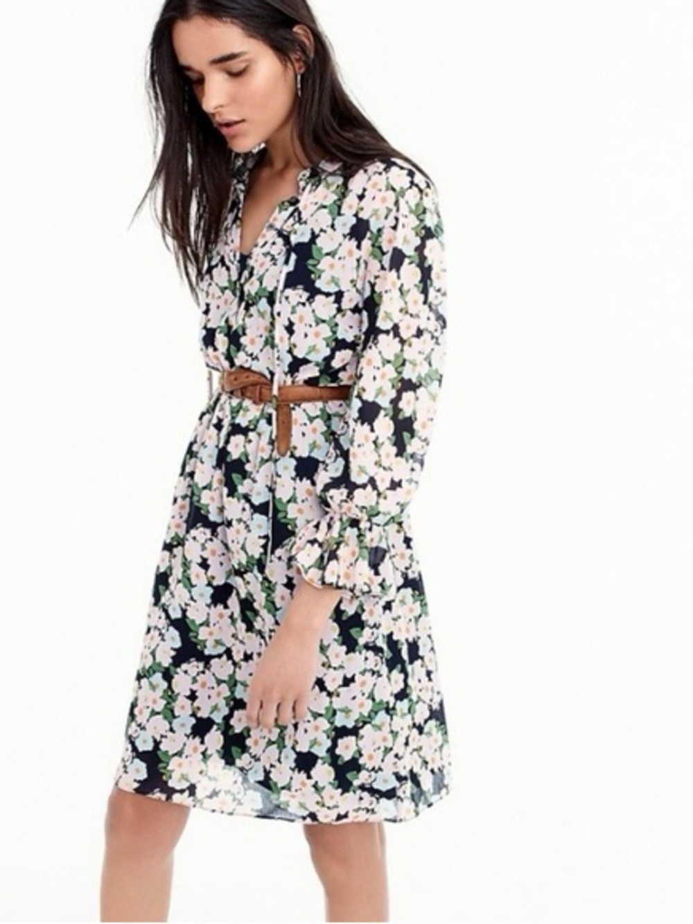 J. Crew Black Floral Long Sleeve Tie-Waist Dress with Pink Blossoms
